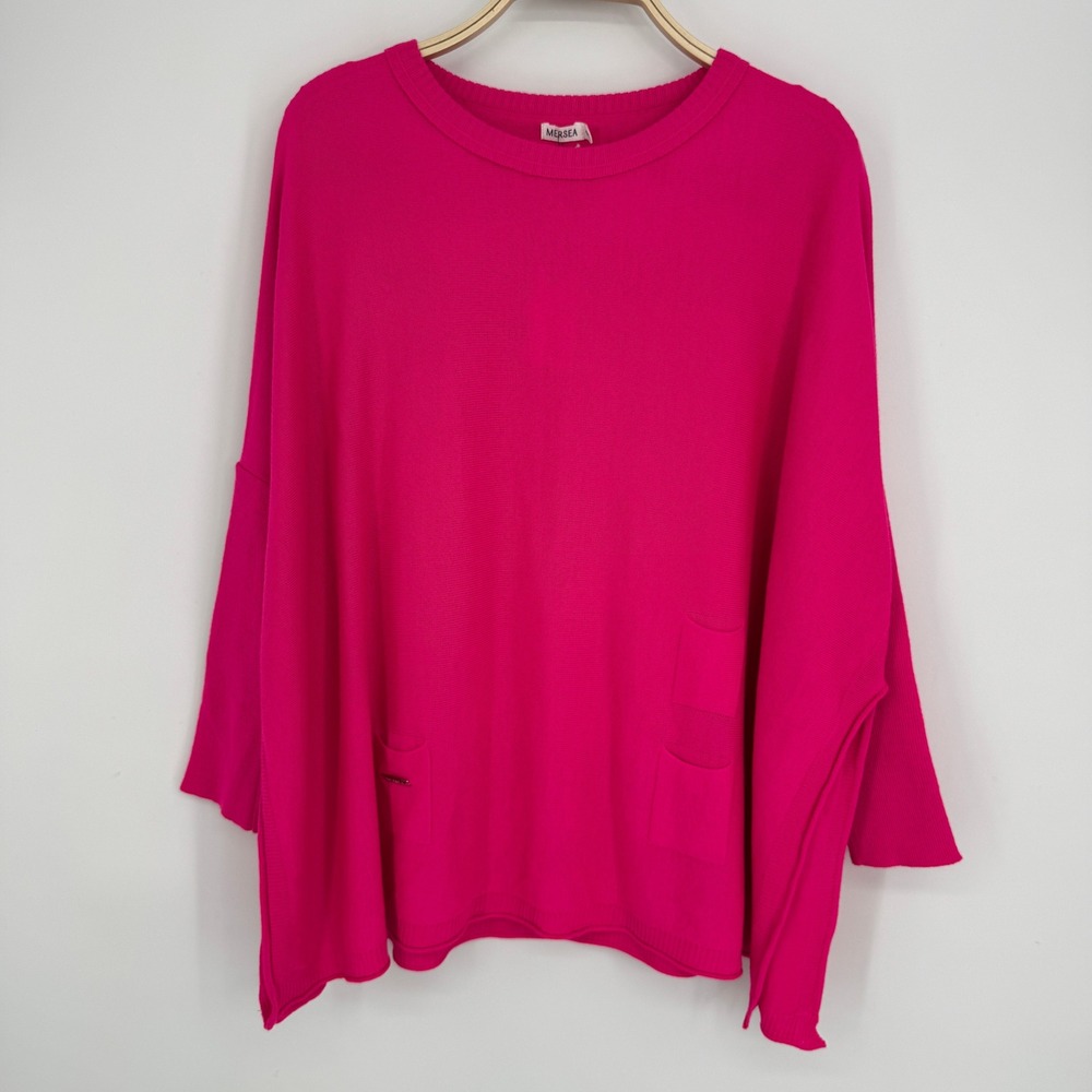 MERSEA Catalina Sweater OS Pink Oversized Boxy Side Slit Coastal Barbiecore NWT